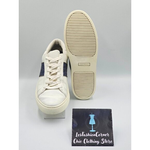 Tory Burch Women's White Leather Blue Glitter Carter Flat Sneakers Sz 11M 2661 - Picture 3 of 16